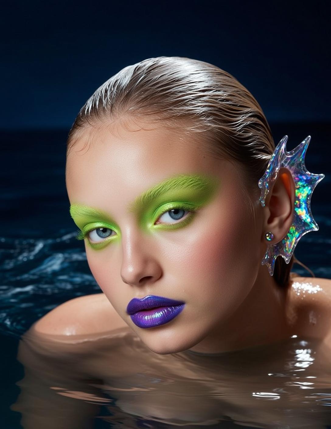 Photorealistic Portrait Young Woman Emerging From Dark Rippling Water Her