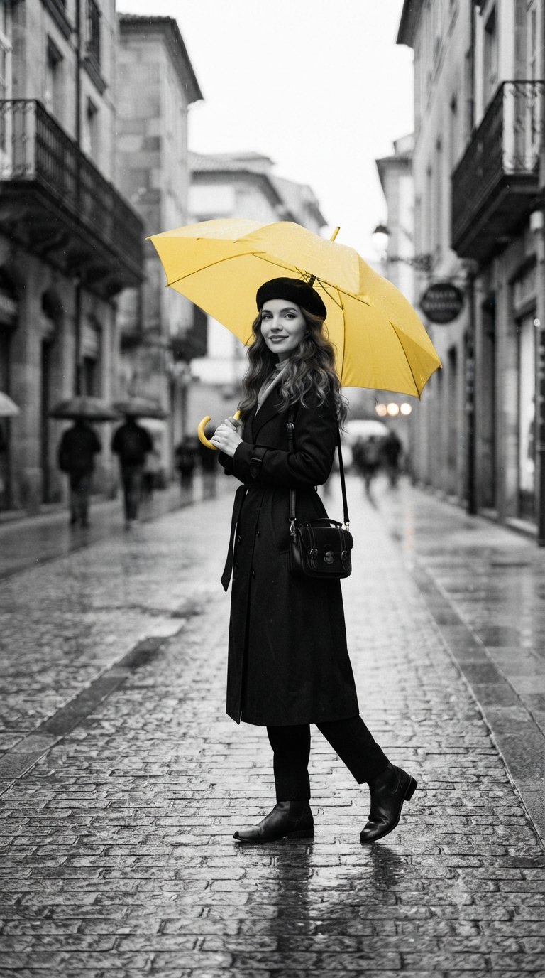 Yellow Umbrella Wet Cobblestone Alleyway Cinematic