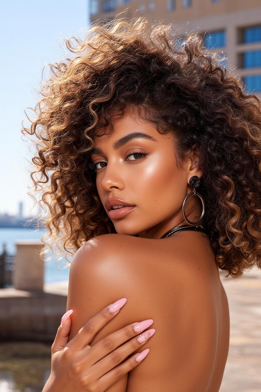 Sultry Woman Urban Waterfront Gold Hoops