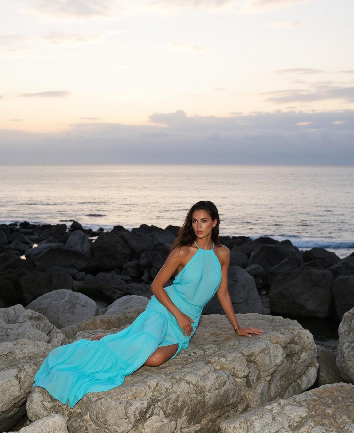 Blue Dress Rocky Beach Sunset