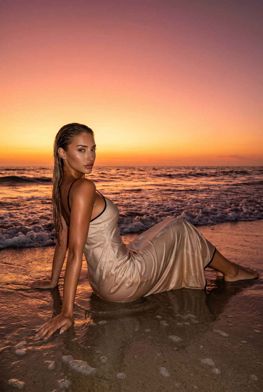 A woman seated on the wet shoreline, wearing a champagne satin slip dress, ocean waves in the background.