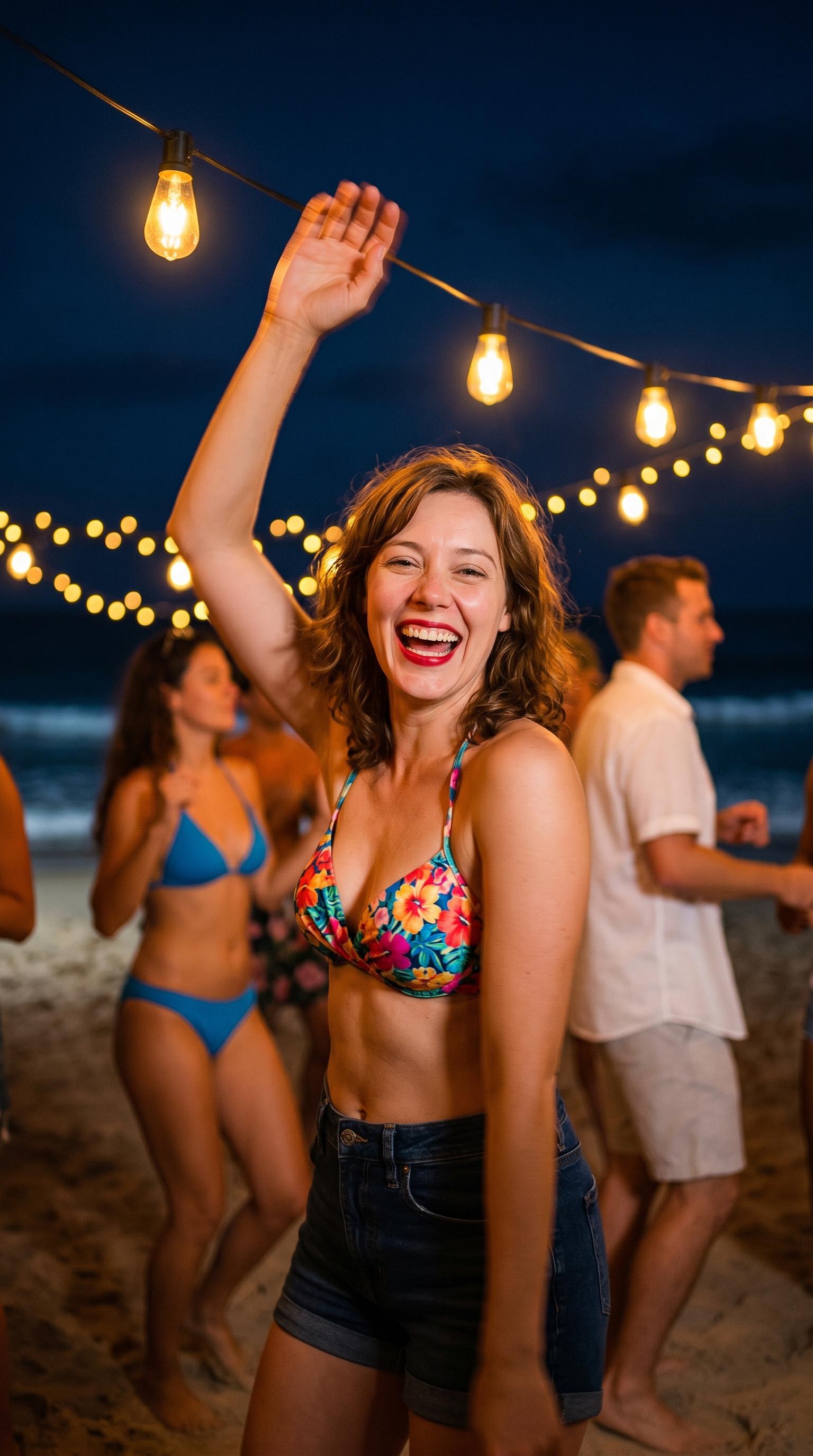 Nighttime Beach Party With String Lights And Dancing People