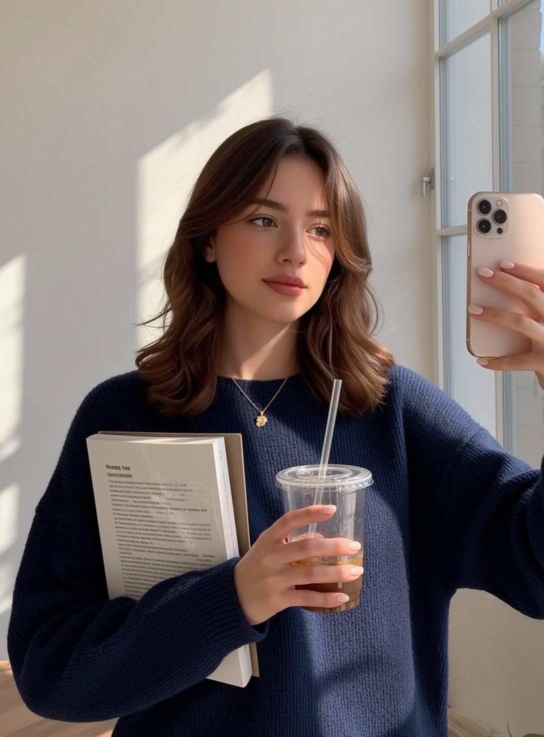 Young Woman Selfie Book Drink Navy Sweater