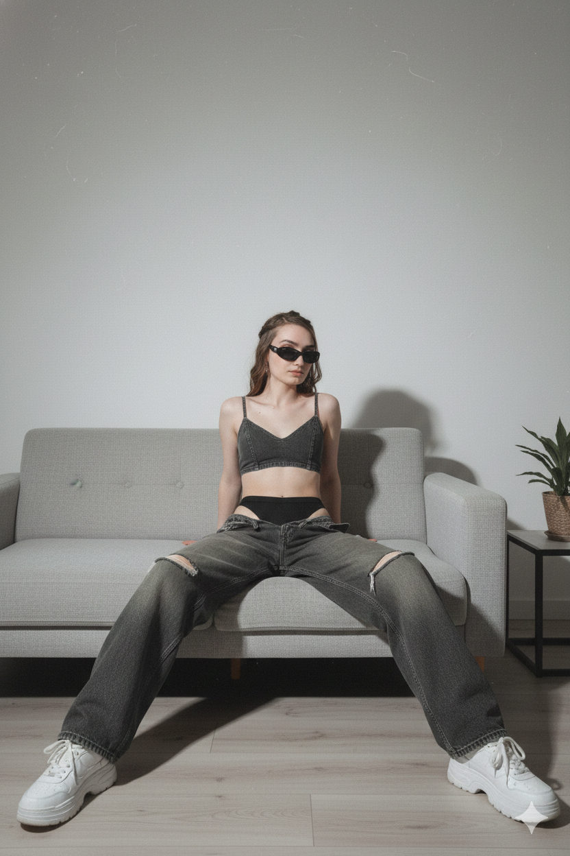 A relaxed person in y2K fashion lounging on a sofa, wearing a charcoal denim bralette and oversized jeans, captured in desaturated tones.