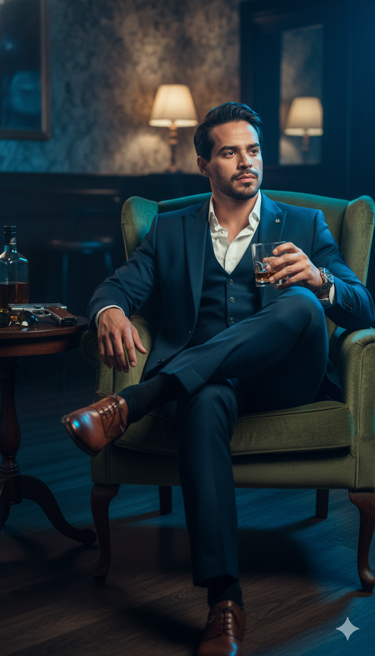 A man in a tailored blue three-piece suit sits in a vintage green armchair, holding a glass of whiskey, exuding power in a moody lounge setting.