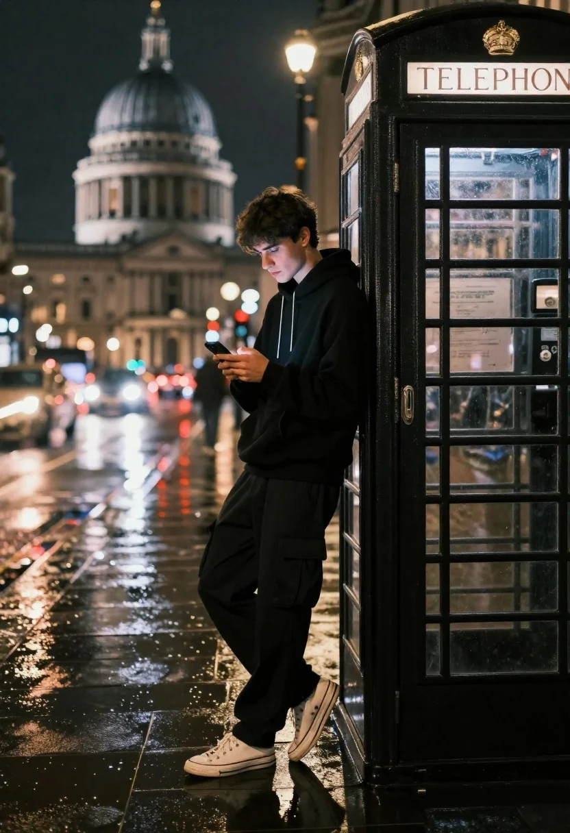 Young Man Leans Against Classic Black Telephone Booth While Looking