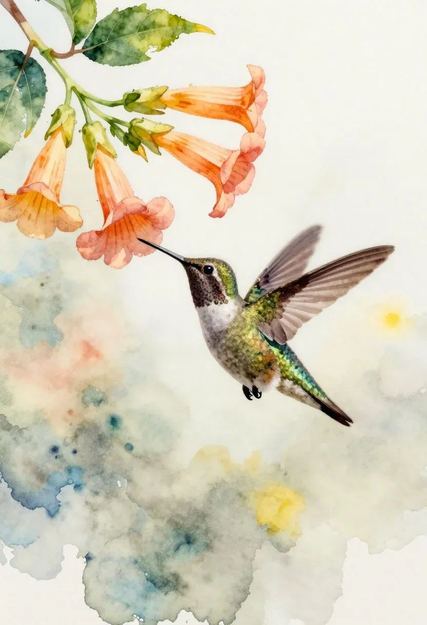 Delicate Watercolor Painting Hummingbird Hovering Near Cluster Trumpet-shaped Flowers Subject