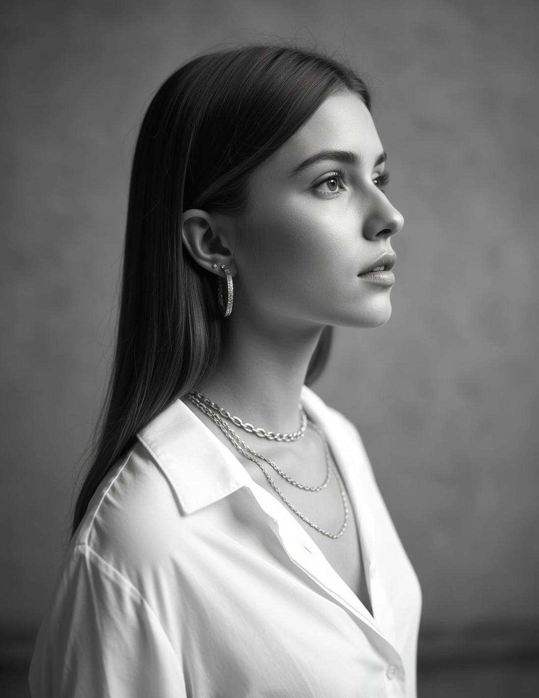 Photorealistic Black And White Medium Shot Portrait Young Woman With
