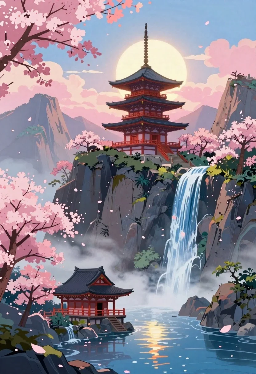 Vibrant Anime-style Landscape Painting Majestic Pagoda Perched Atop High Mountain reference photo