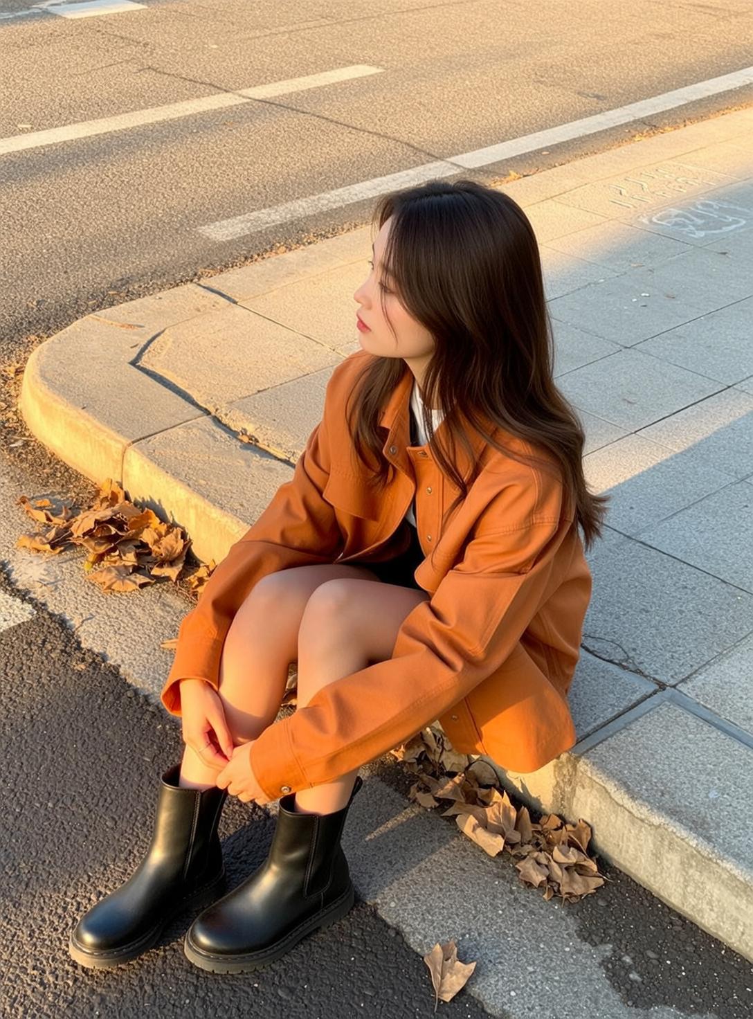 Explore Sitting Sidewalk Her Legs Bent Crossed