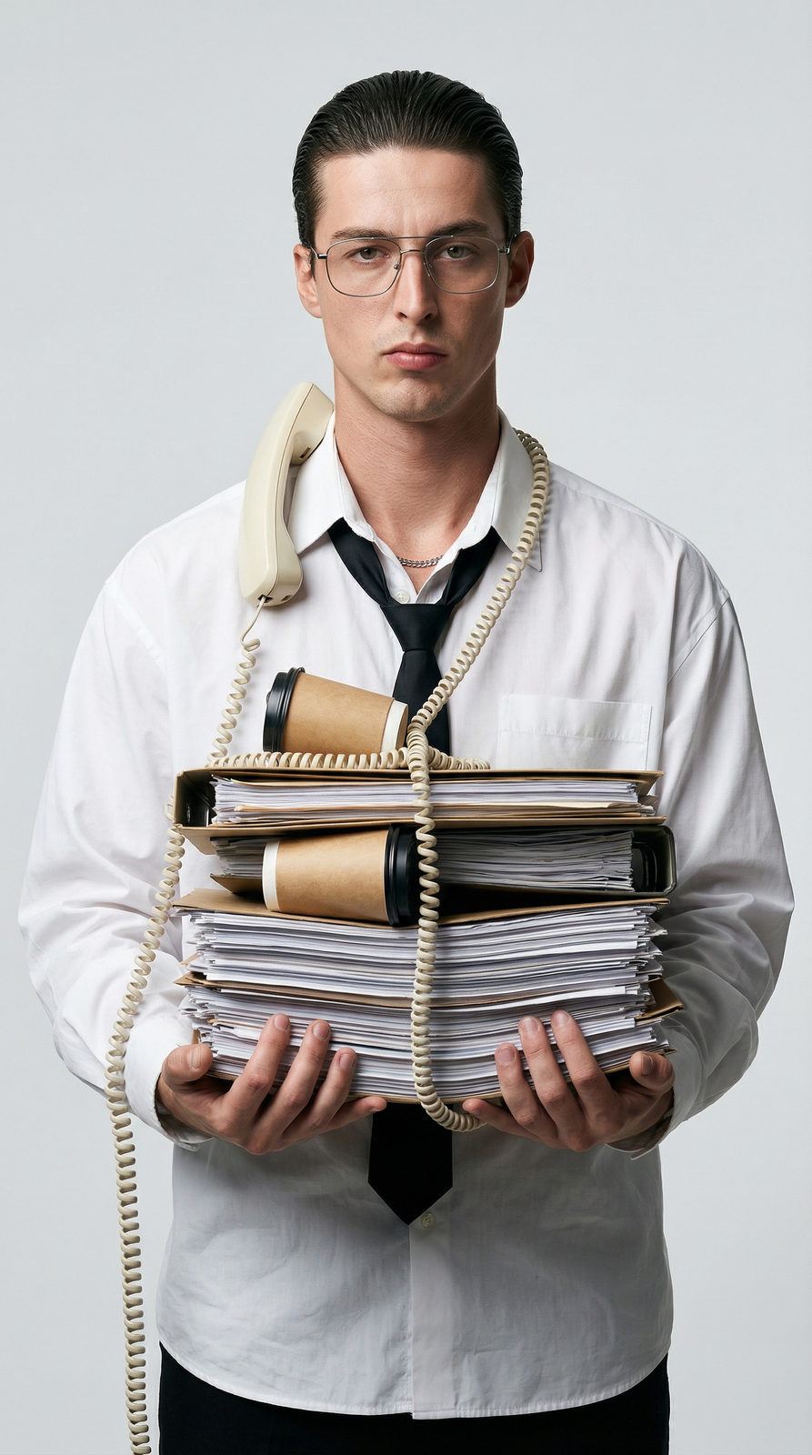 Serious young man in oversized white shirt holding a heavy stack of office folders with two coffee cups, against a light-gray backdrop.