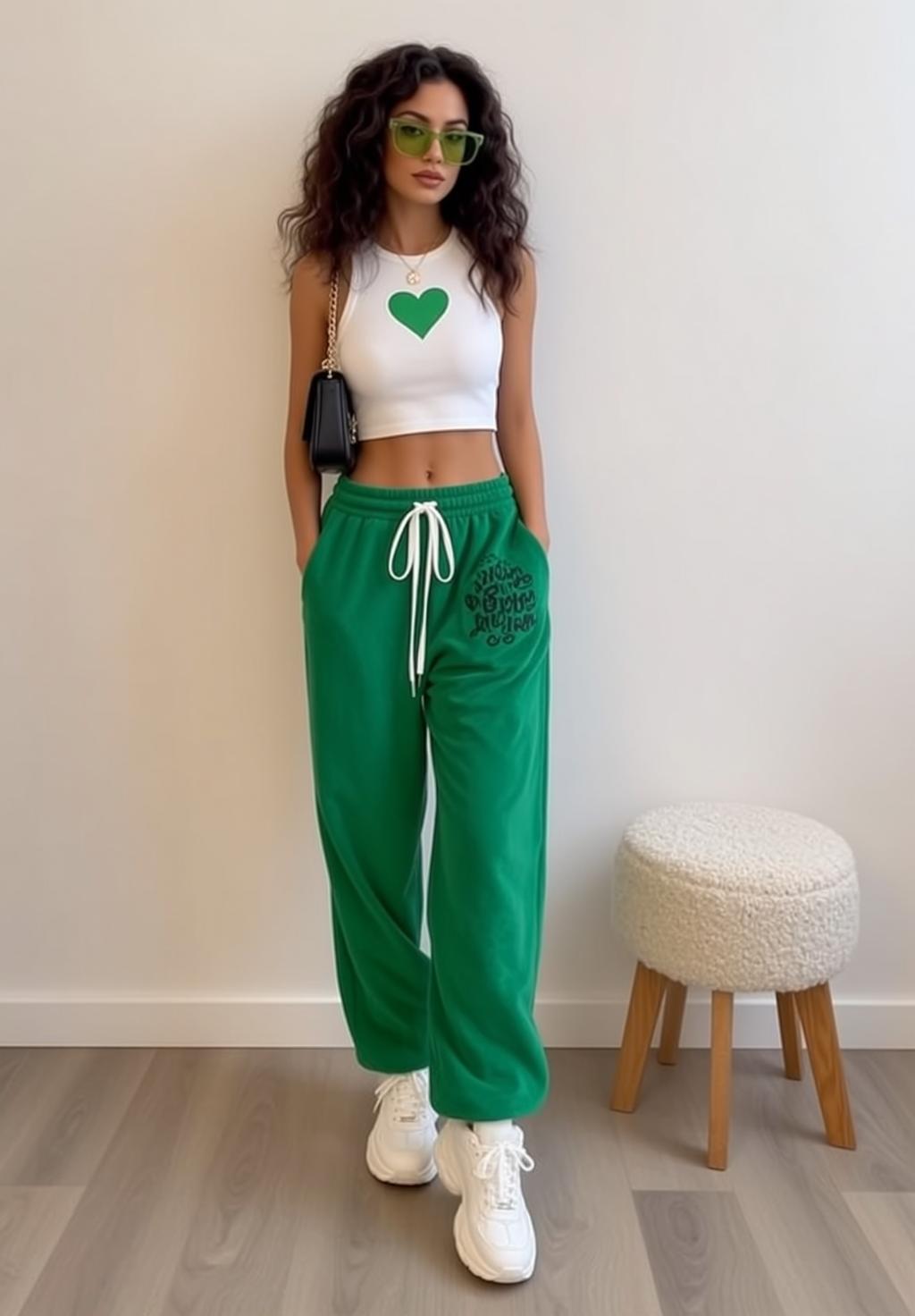 Green Sweatpants White Wall Scene