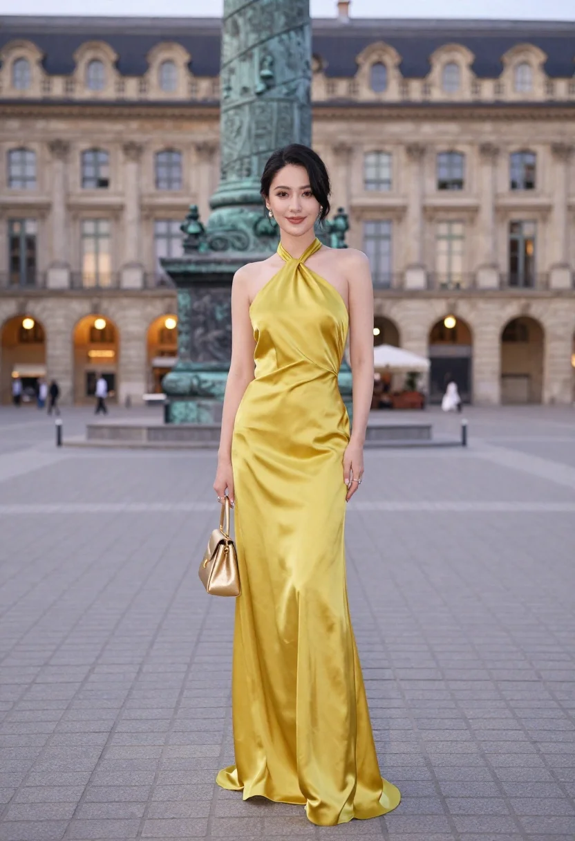 Confident Woman Stands Grand European Plaza Wearing Shimmering Yellow Halter-neck