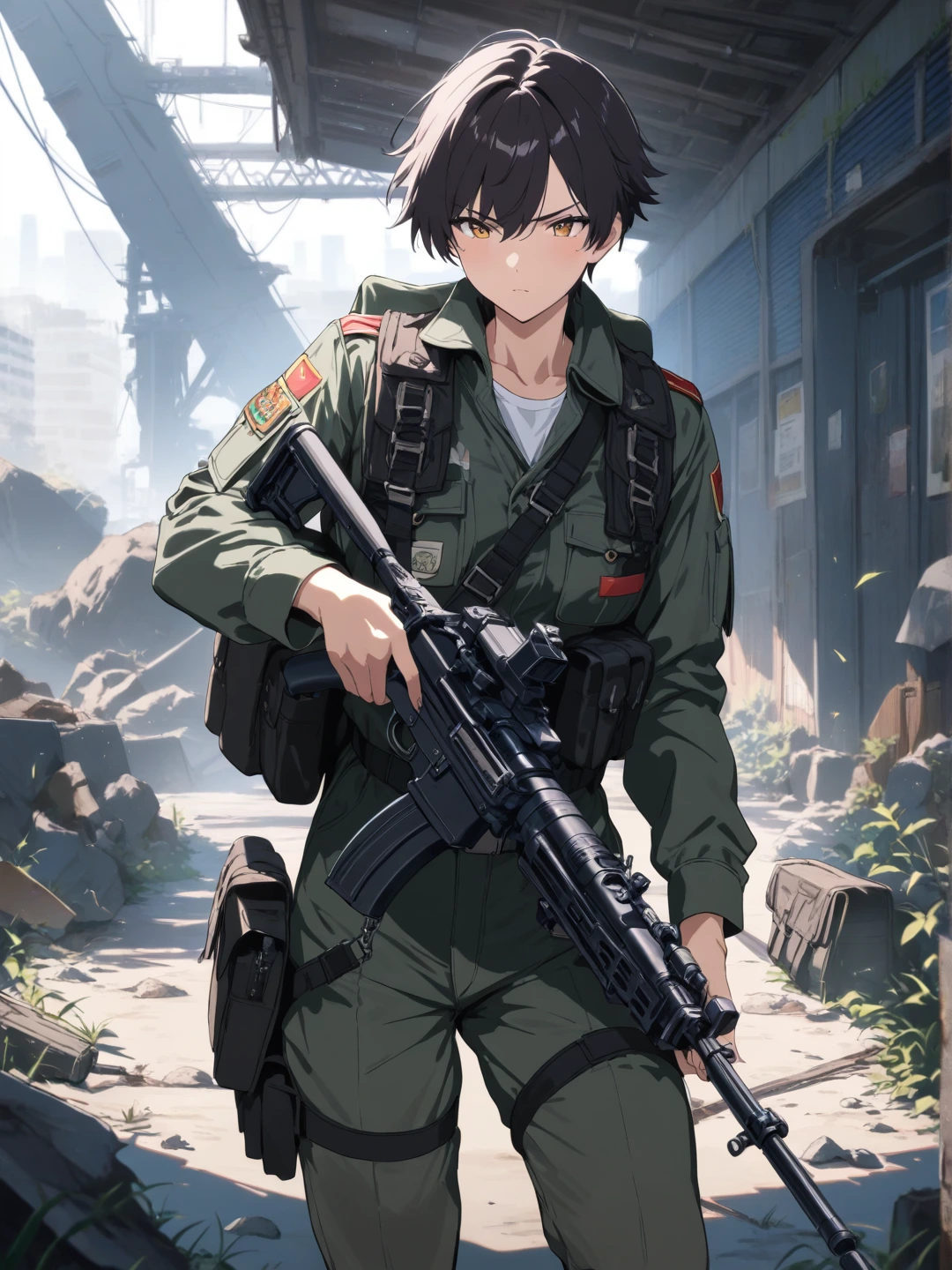 Anime boy in military uniform holding a machine gun with intensity.
