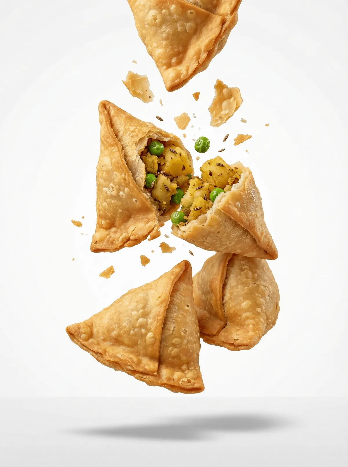 Samosas Exploding Mid Air White Background