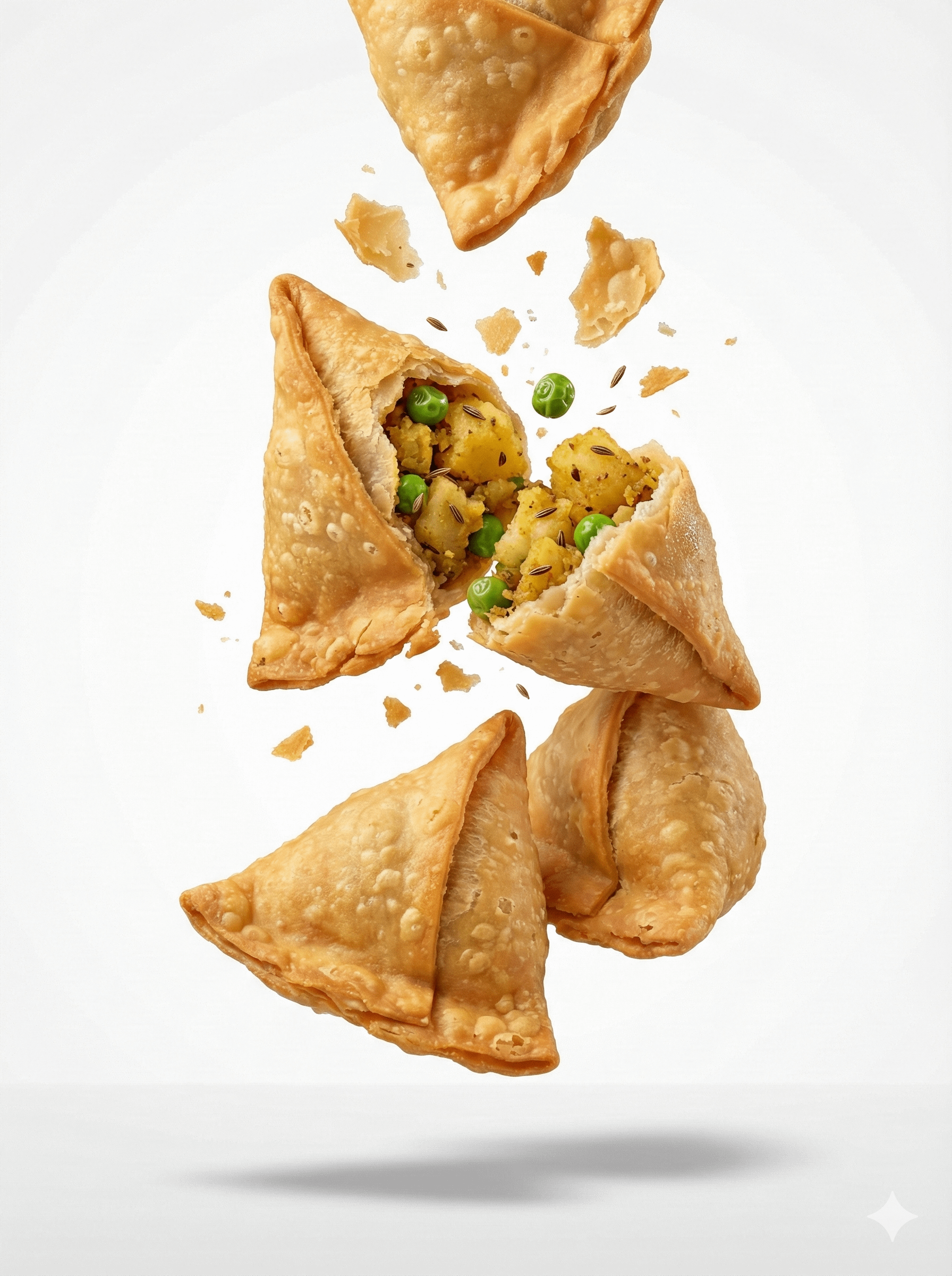 Samosas Exploding Mid Air White Background