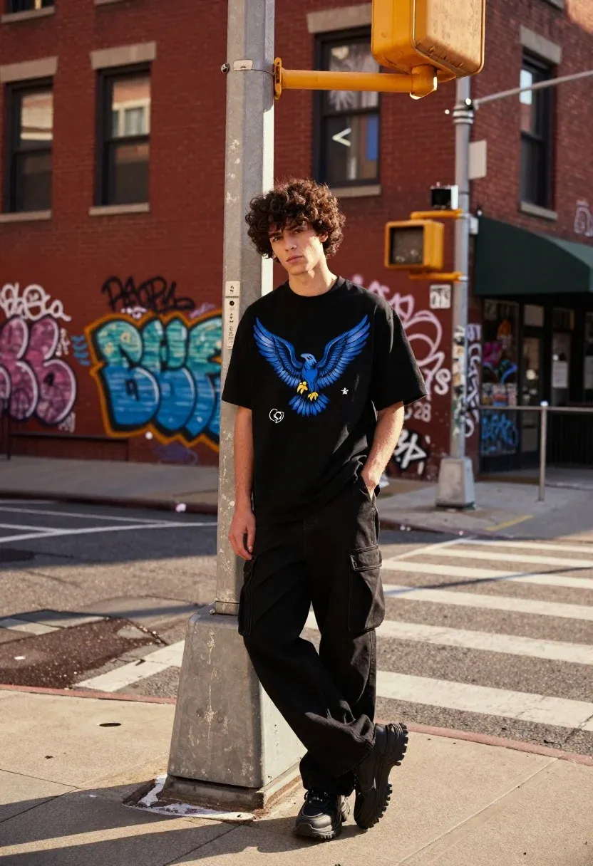 Young Man With Dark Curly Hair Leans Casually Against Weathered