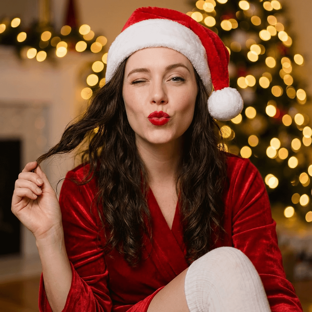 Festive Red Velvet Robe Santa Hat Bokeh Lights Pose