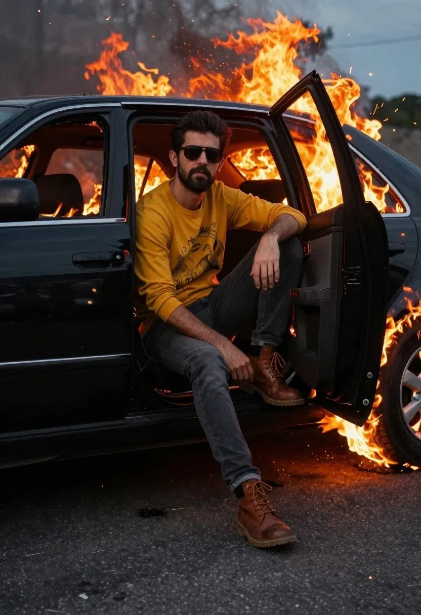 Man Sits Casually The Open Door Black Car Engulfed Flames