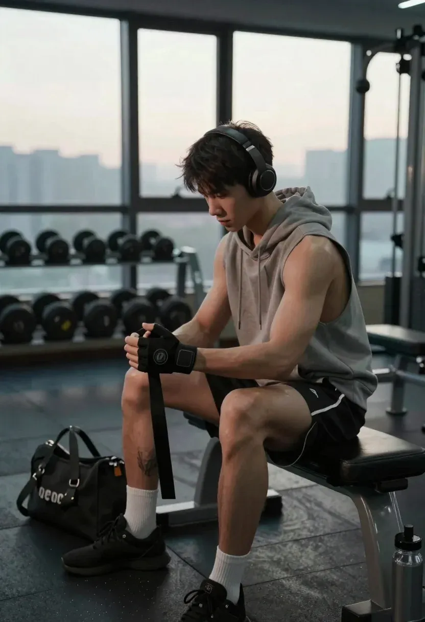 Quiet Early-morning Gym Scene Capturing Focused Athlete Preparing For Solitary