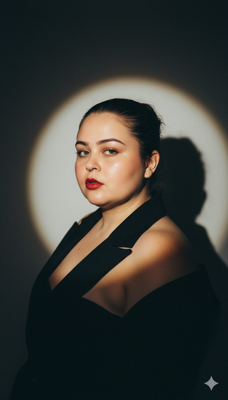 A model in an elegant strapless suit with a confident expression, striking red lipstick, and radiant skin, under dramatic fashion lighting.
