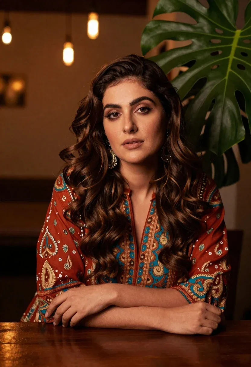 Woman With Long Wavy Brown Hair Gazes Softly The Camera