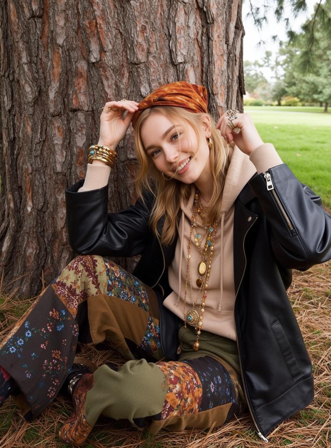 Blonde Woman Park Tree Floral Patchwork Pants Gold Jewelry