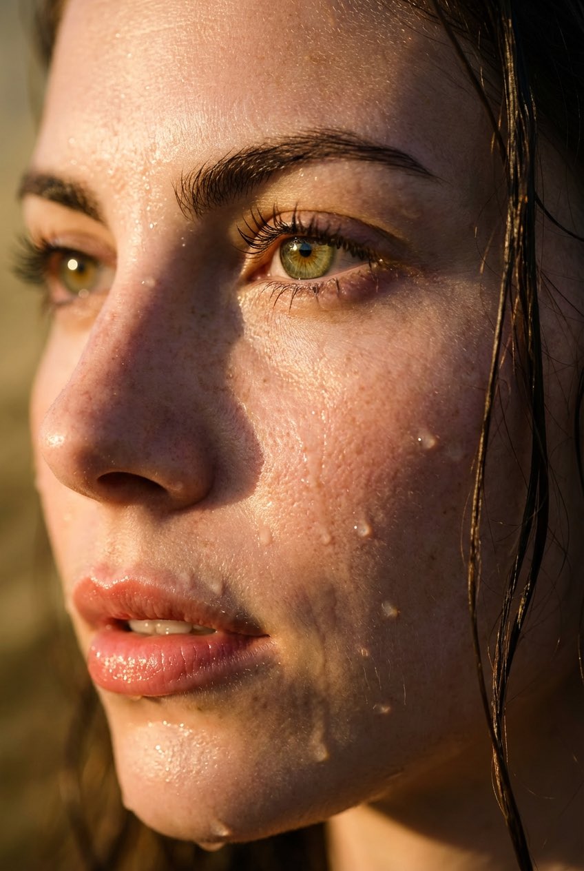 A hyper-realistic close-up portrait of a woman with wet skin, dramatic lighting highlights, and a focused eye.