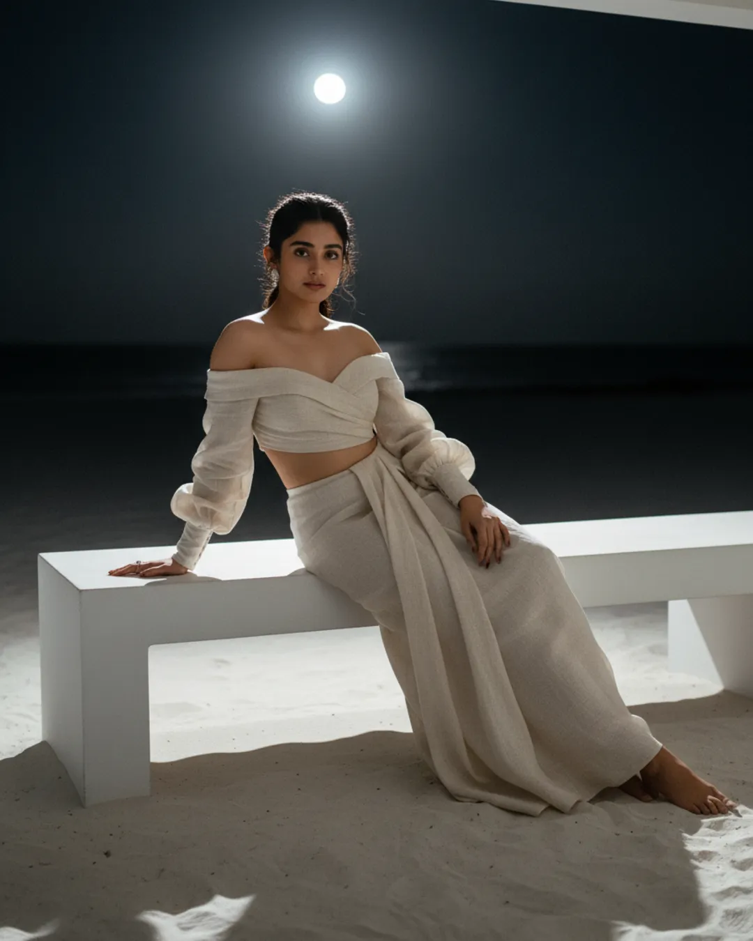 Moonlit Beach Bench Portrait