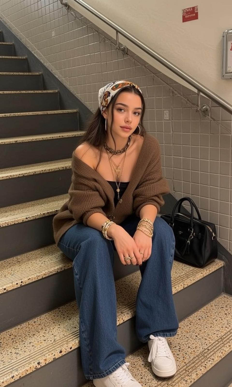 Black Tube Top Blue Jeans Knit Cardigan Stairs