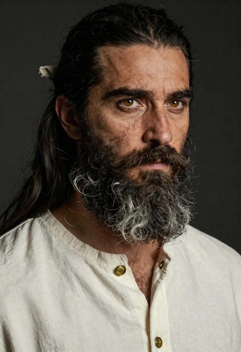 High-fidelity Cinematic Portrait Rugged Man Against Plain Dark Background Emphasizing reference photo