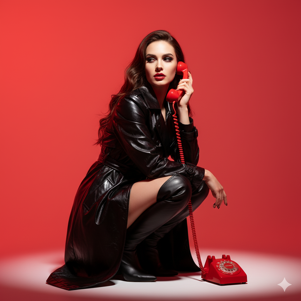 A glamorous young woman with long brown wavy hair and bold red lipstick poses in a dramatic red studio, holding a vintage red rotary phone.