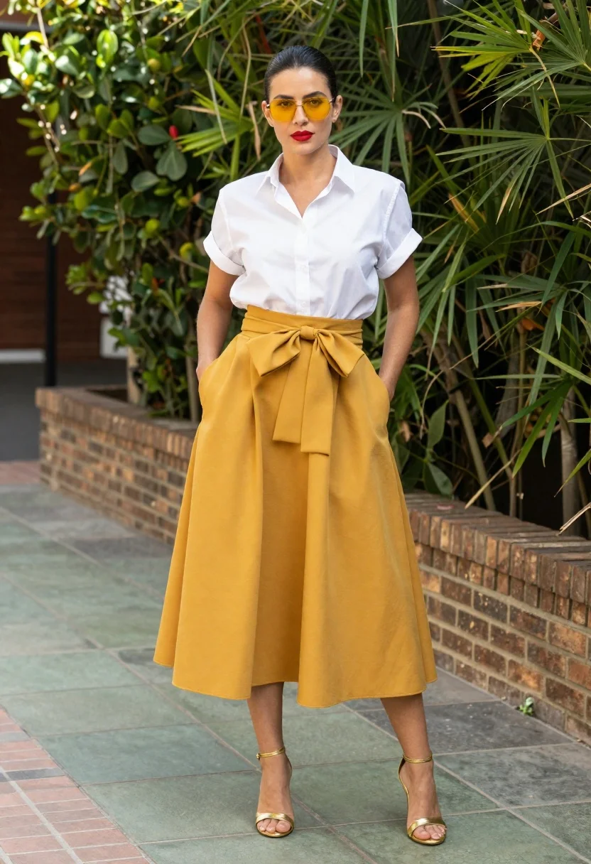 A stylish woman stands outdoors, hands in skirt pockets, in bright daylight, showcasing her full outfit details.