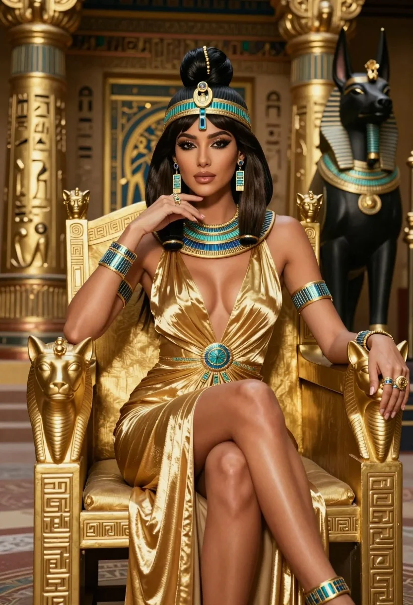 A glamorous woman with dark hair styled in an elegant updo seated regally on a golden throne amidst an ornate ancient Egyptian backdrop.