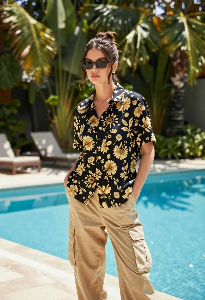 Stylish Young Woman Stands Confidently With Hands Pockets Beside Swimming