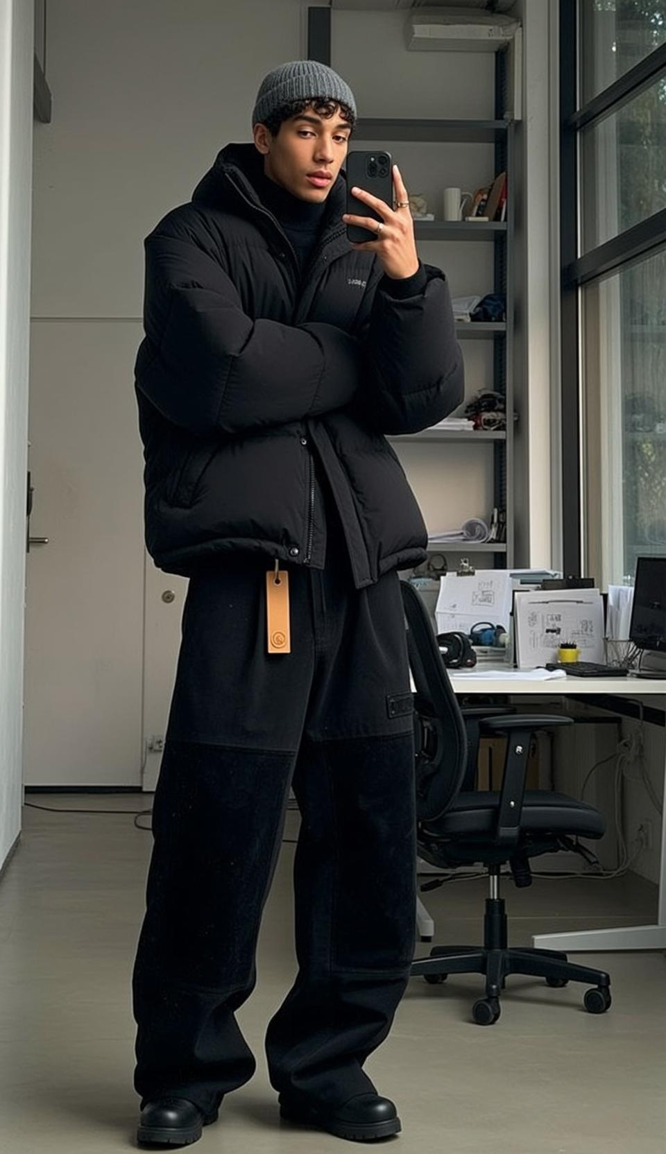 Black Office Puffer Phone Pose