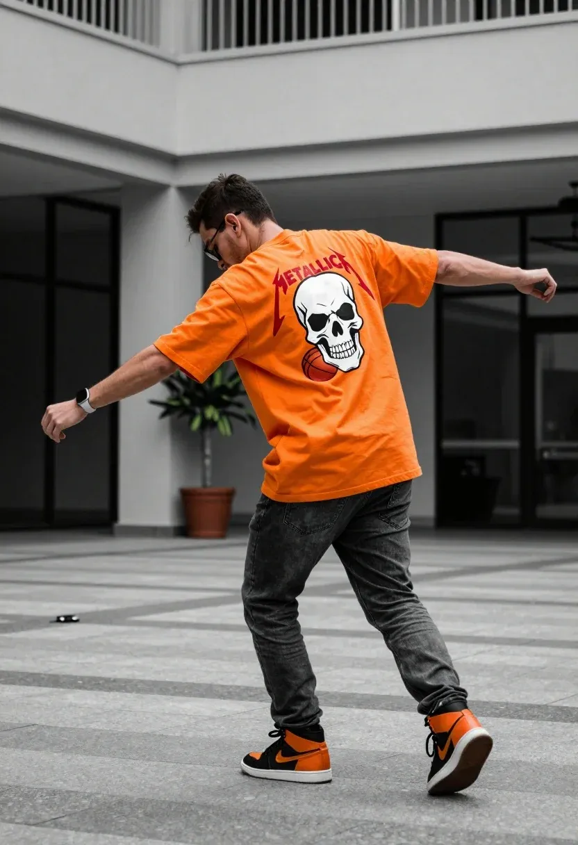 Man Urban Plaza Wearing Bright Orange Oversized T-shirt With Large
