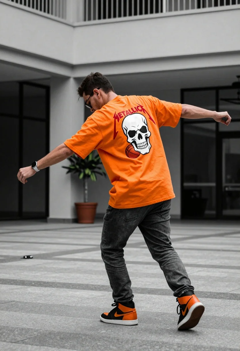 A man stands confidently in an urban plaza wearing a bright orange oversized t-shirt with a large skull graphic, dark grey jeans, and a blurred architectural background.