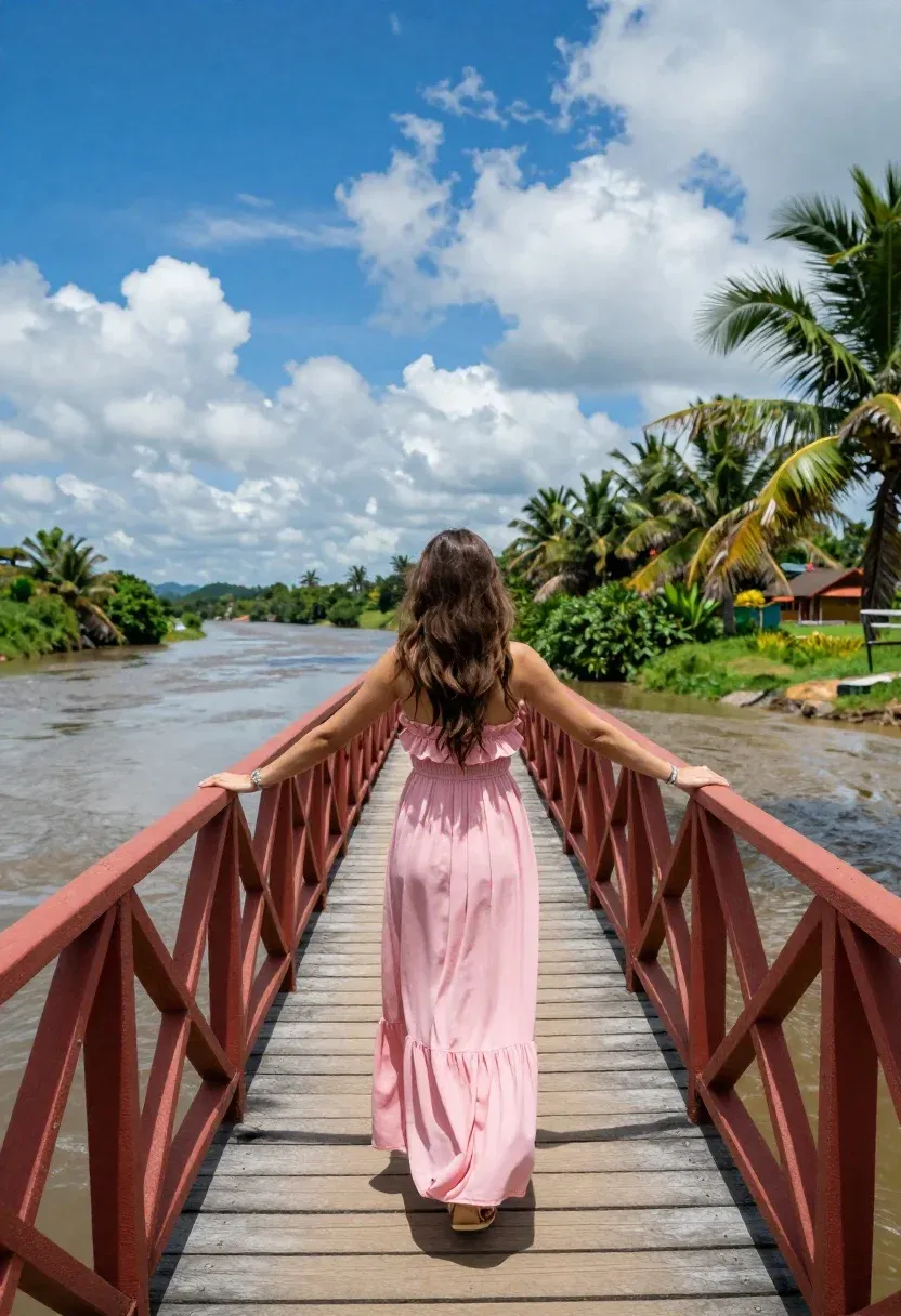 Woman Stands Wooden Bridge Overlooking River Under Bright Blue Sky