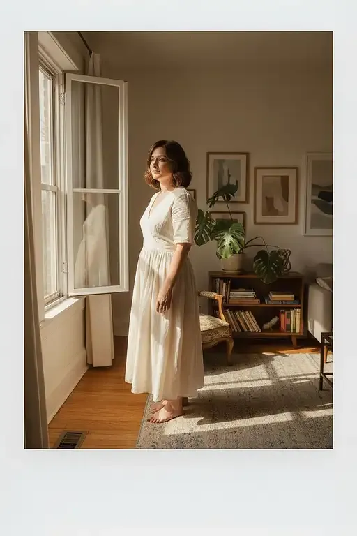 Serene And Intimate Scene The Uploaded Woman Standing Gracefully Cozy