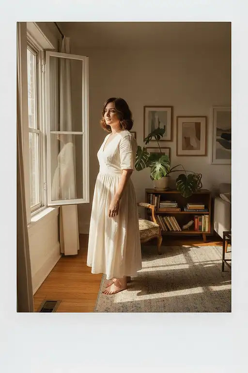Serene And Intimate Scene The Uploaded Woman Standing Gracefully Cozy
