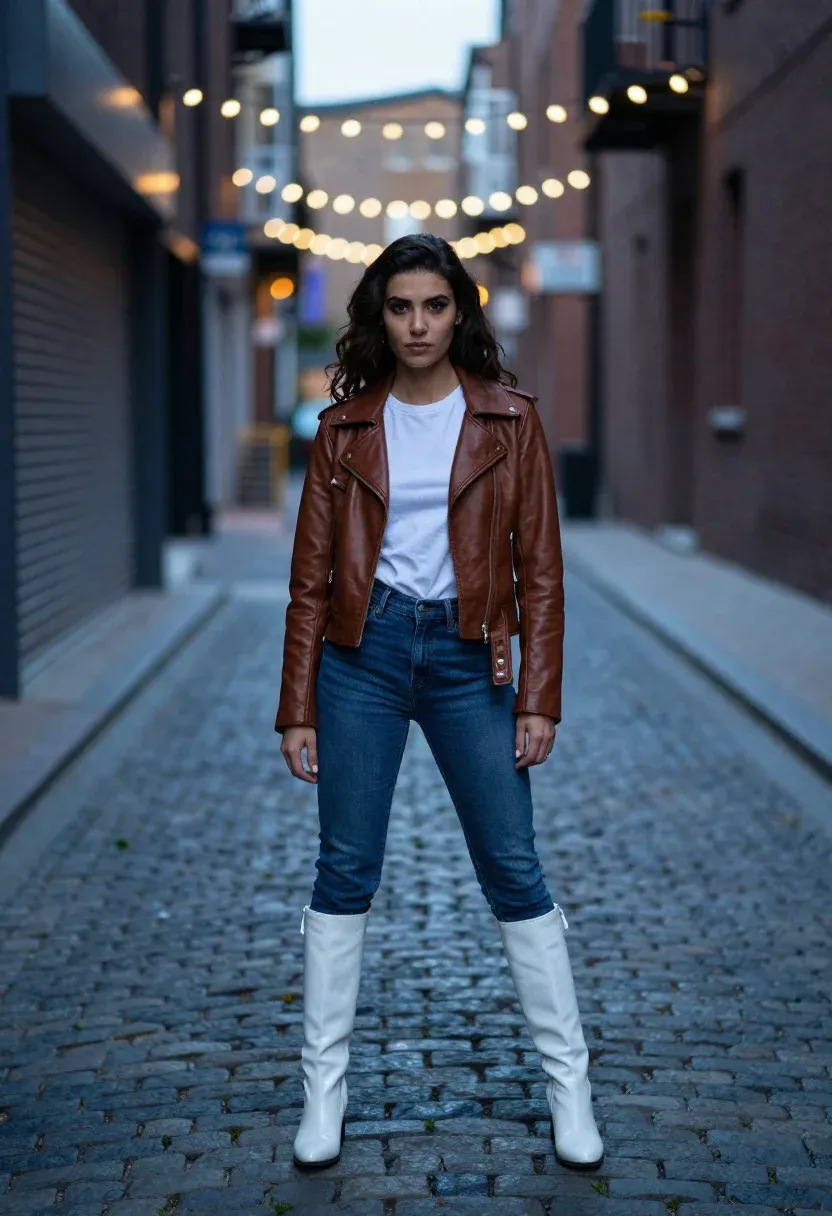 Woman Stands Confidently The Center Narrow Cobblestone Alleyway Dusk Subject