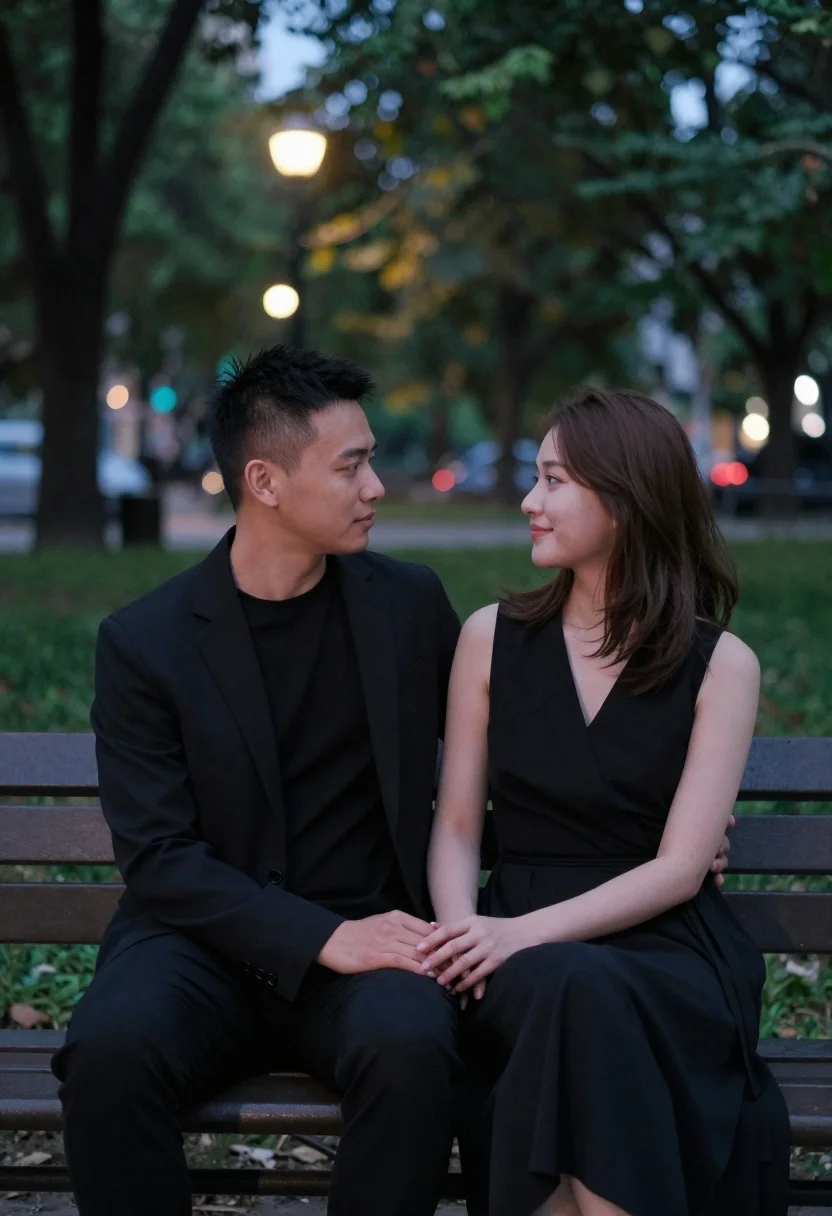 Romantic Portrait Couple Sitting Side Side Park Bench The Evening reference photo