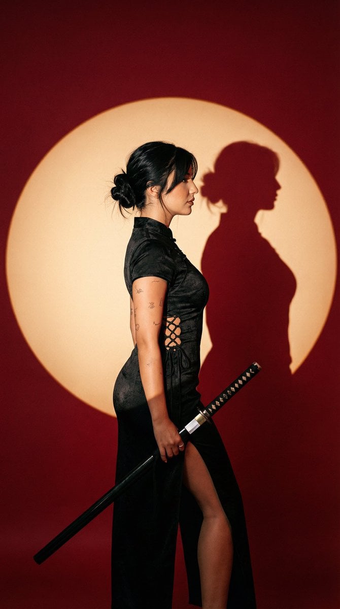 A woman in a fitted black dress posed in profile against a deep red backdrop, holding a katana with a circular spotlight illuminating her silhouette.