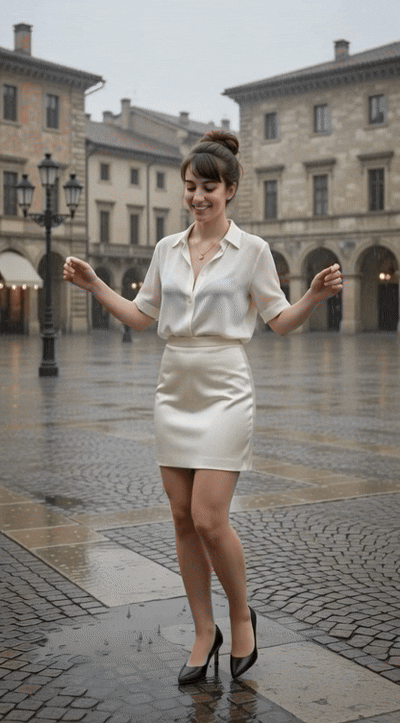 White Satin Skirt European Town Square Rainy Day