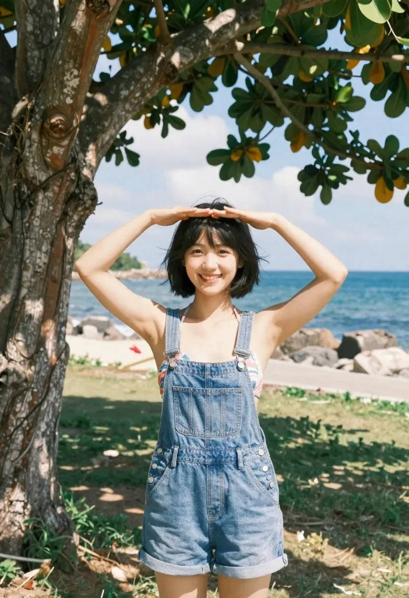 Smiling Young Woman With Short Dark Hair Stands Outdoors Under