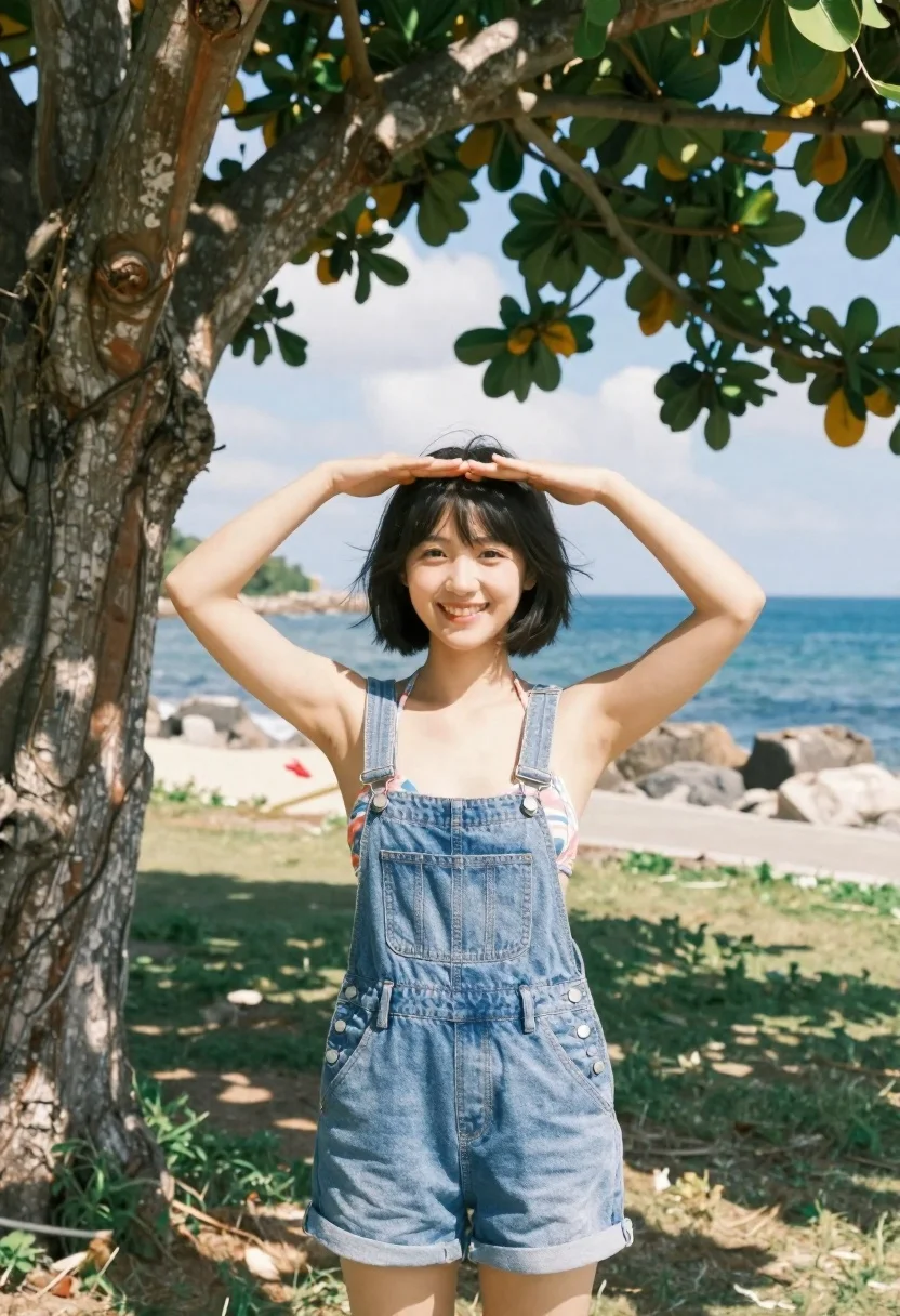 Smiling Young Woman With Short Dark Hair Stands Outdoors Under reference photo