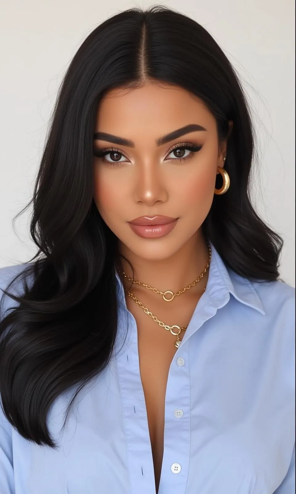 Makeup And Earrings With Blue Shirt
