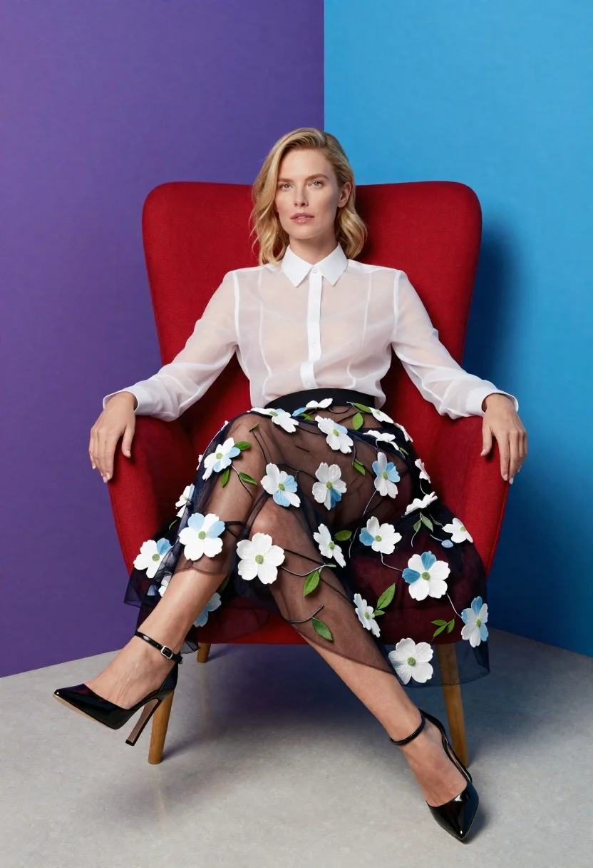 Woman Sits Elegantly High-backed Red Chair Against Split Background Purple reference photo
