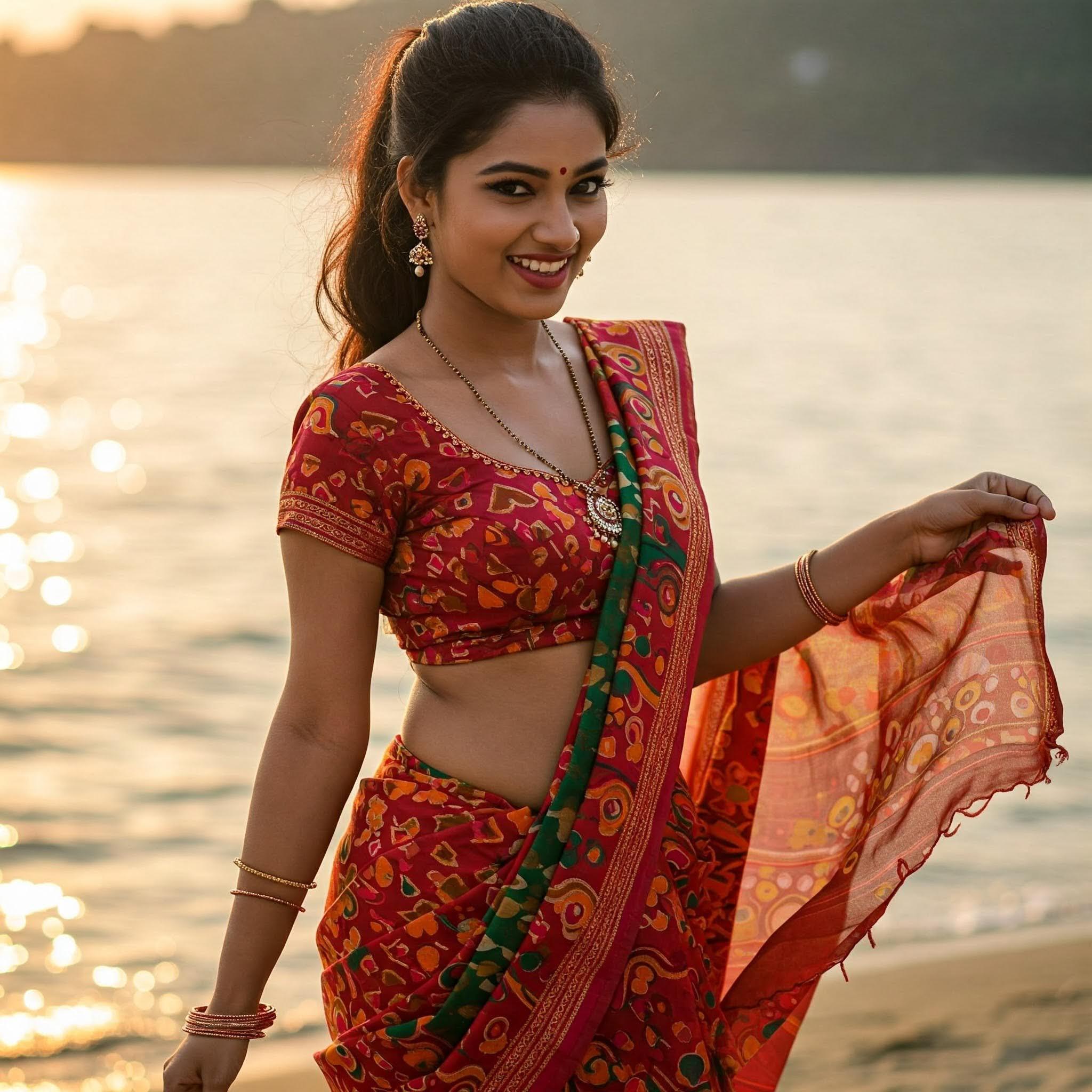 Beach At Sunset Wearing Red Green Saree
